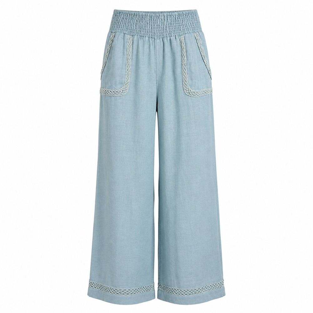 Nomad The Label Pants 100% French Linen Boho Coastal Beach Wide Leg Crochet
